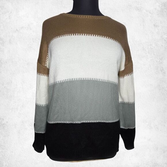 Angashion Colorblock Sweater XL – Neutral Brown Gray Black Knit Pullover - Picture 5 of 7